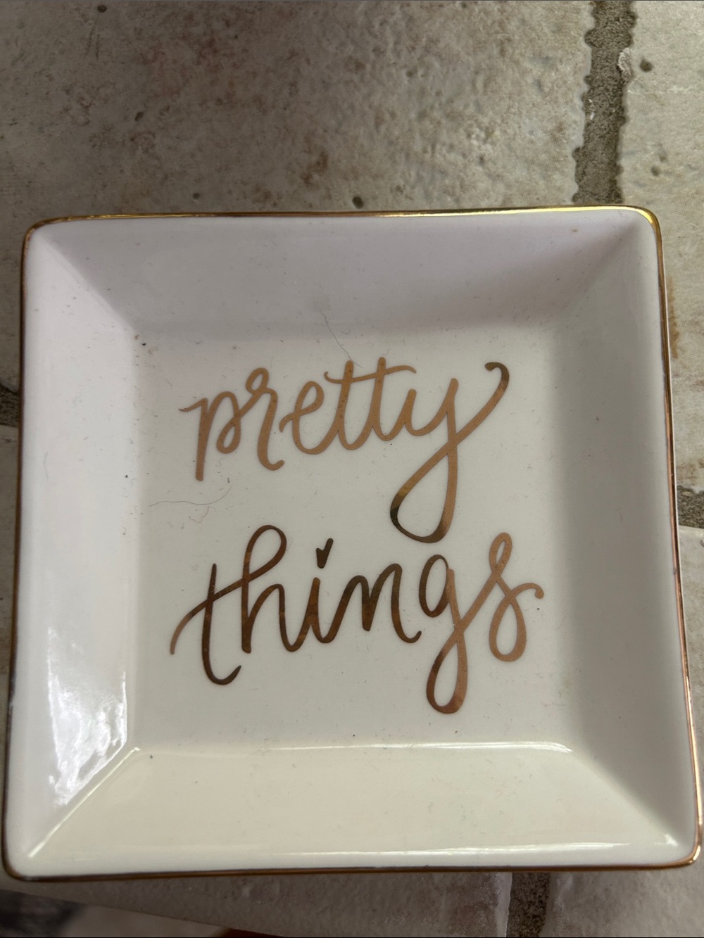 White and Gold Ceramic Trinket Tray - Pretty Things Script
